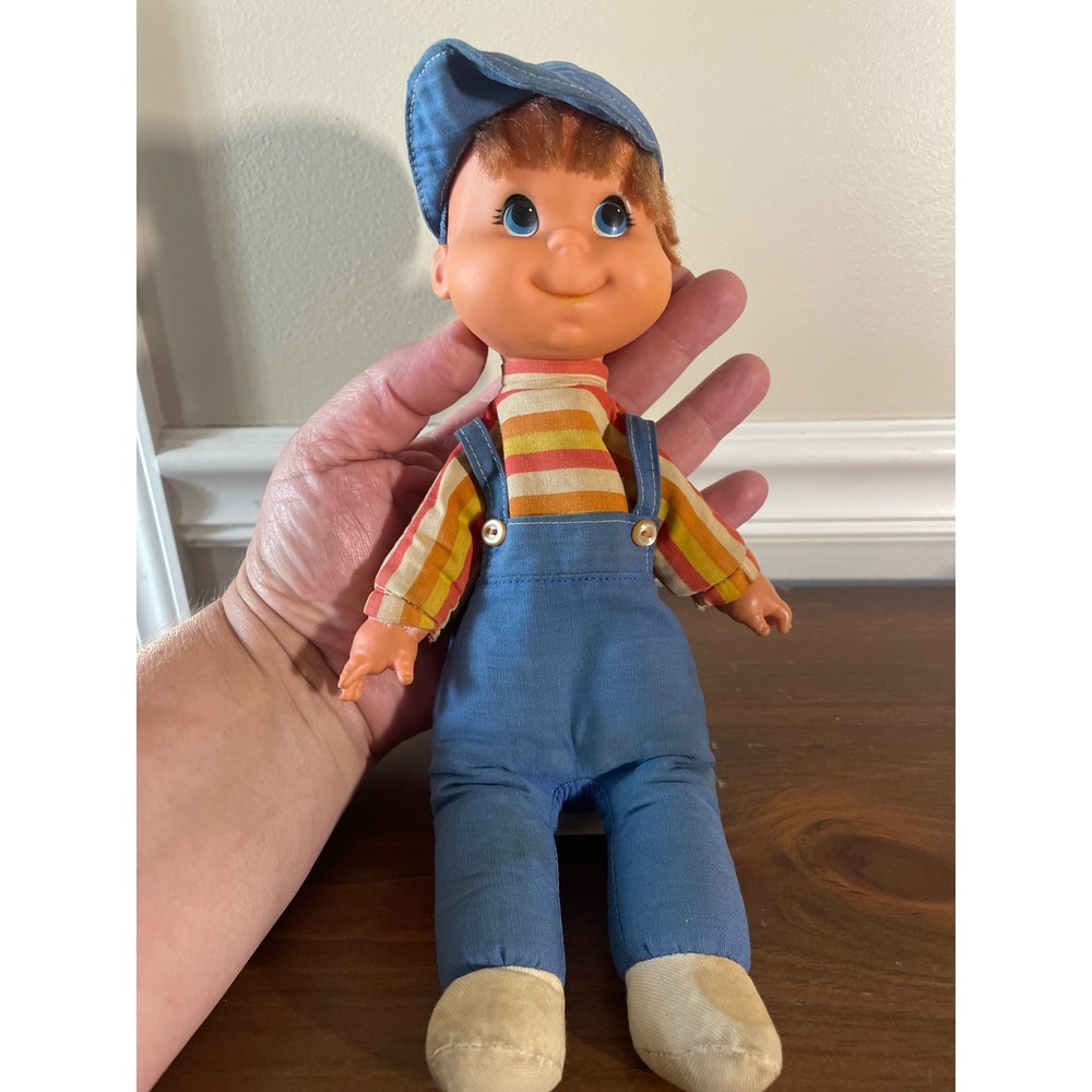 Vintage 1970 Mattel Baby Beans Boy Doll Blue Overalls Striped Shirt Newsboy Hat